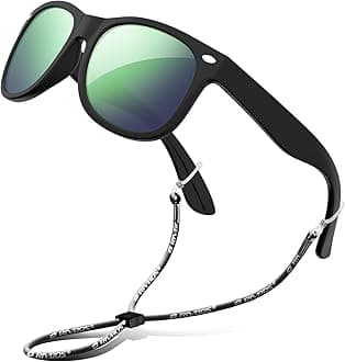 RIVBOS Kids Sunglasses Boys with Strap Polarized Rubber Flexible Shades for Toddler and Children Age 3-10 RBK004-2 Black Ice Green Lens