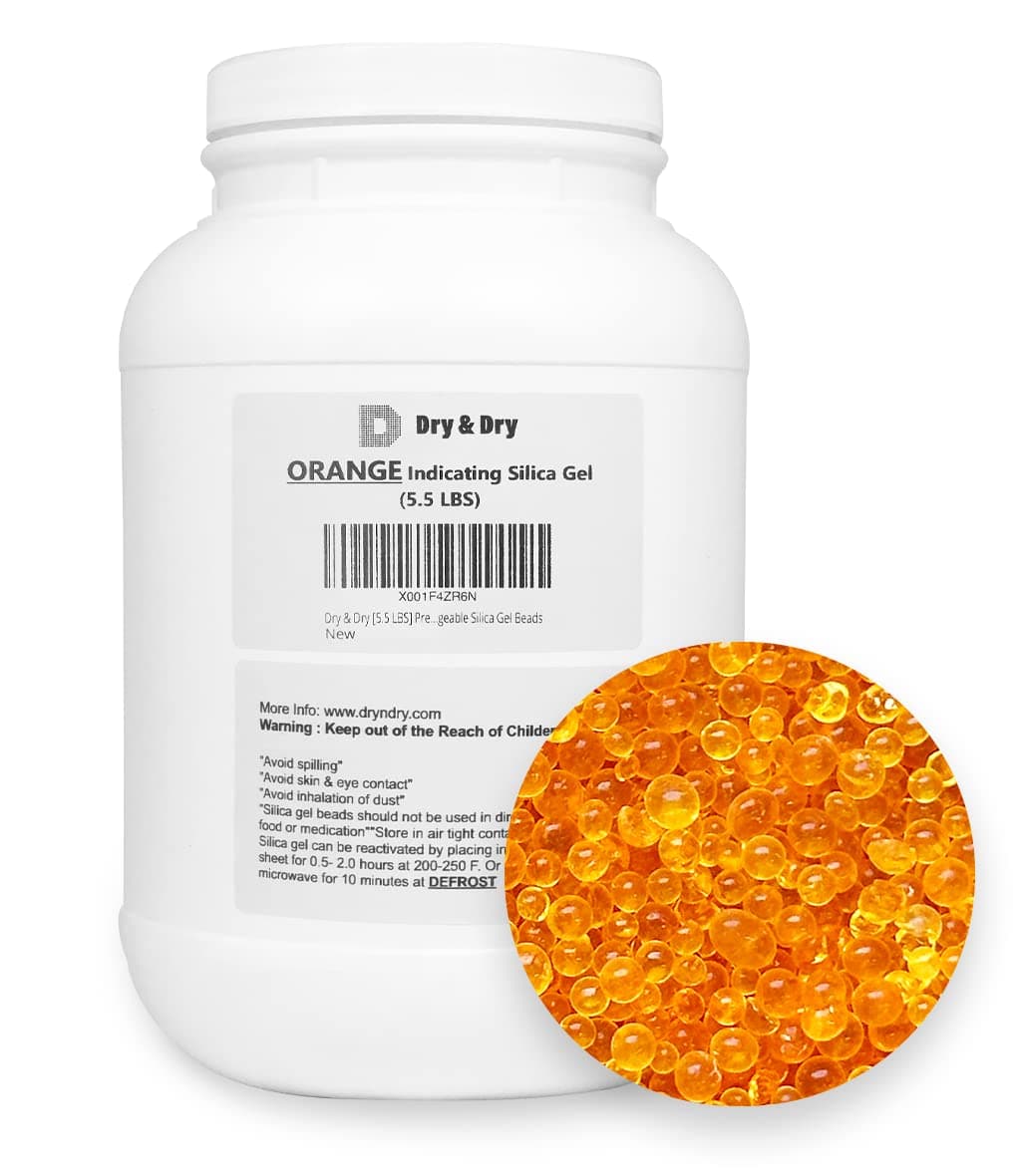 "Dry & Dry" [5.5 LBS] Premium Orange Indicating Silica Gel Desiccant Beads(Industry Standard 3-5 mm) - Rechargeable