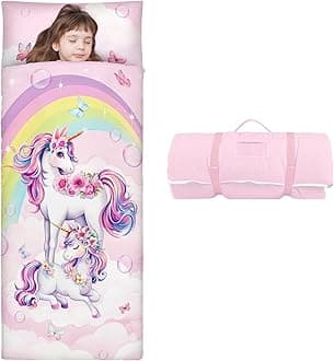 Kids Sleeping Bag Toddler Nap Mat with Removable Pillow, Large Foldable Sleeping Bag for Girls Boys, Easy Clean Slumber Bag with Double Zip for Camping School Preschool Daycare, 59×24 inch