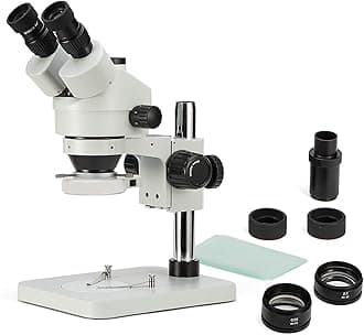 Trinocular Stereo Zoom Microscope with 56-Bulb LED Ring Light,3.5X-90X Magnification,WF10X Eyepieces,0.7X-4.5X Zoom Objective, 0.5X 2.0X Additional Objectives,Table Pillar Stand