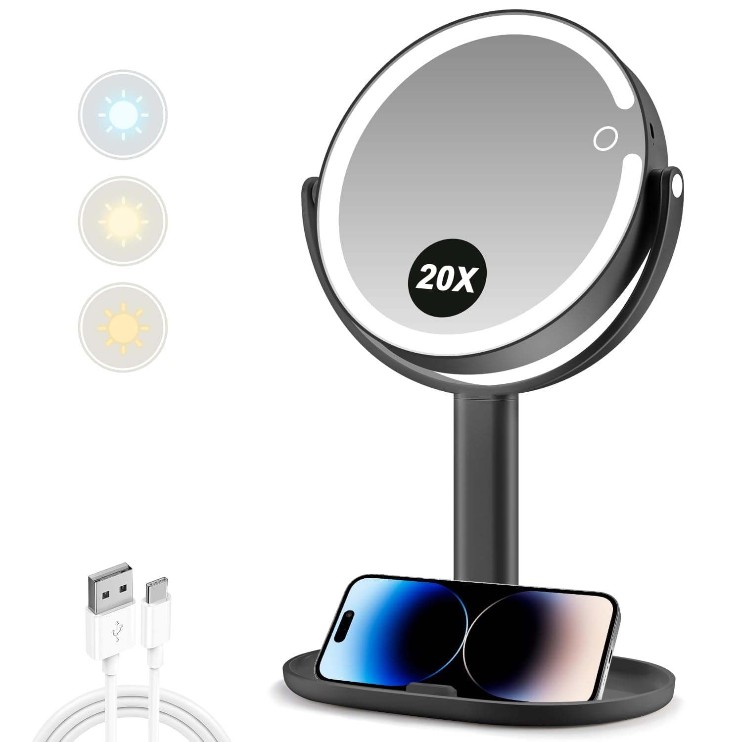 MIYADIVA Makeup Mirror with Lights,20X Magnifying Mirror with Light and Touch Switch,Vanity Mirror with 3 Color Light and 80 LEDs,2-Sided Lighted Magnified Mirrors 8.8 Inches, Black