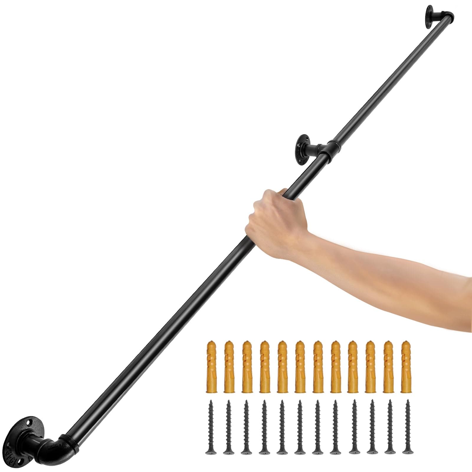 VEVOR Pipe Stair Handrail, 5FT Staircase Handrail, 440LBS Load Capacity Carbon Steel Pipe Handrail, Industrial Pipe Handrail with Wall Mount Support, Round Corner Wall Handrailings for Indoor, Outdoor