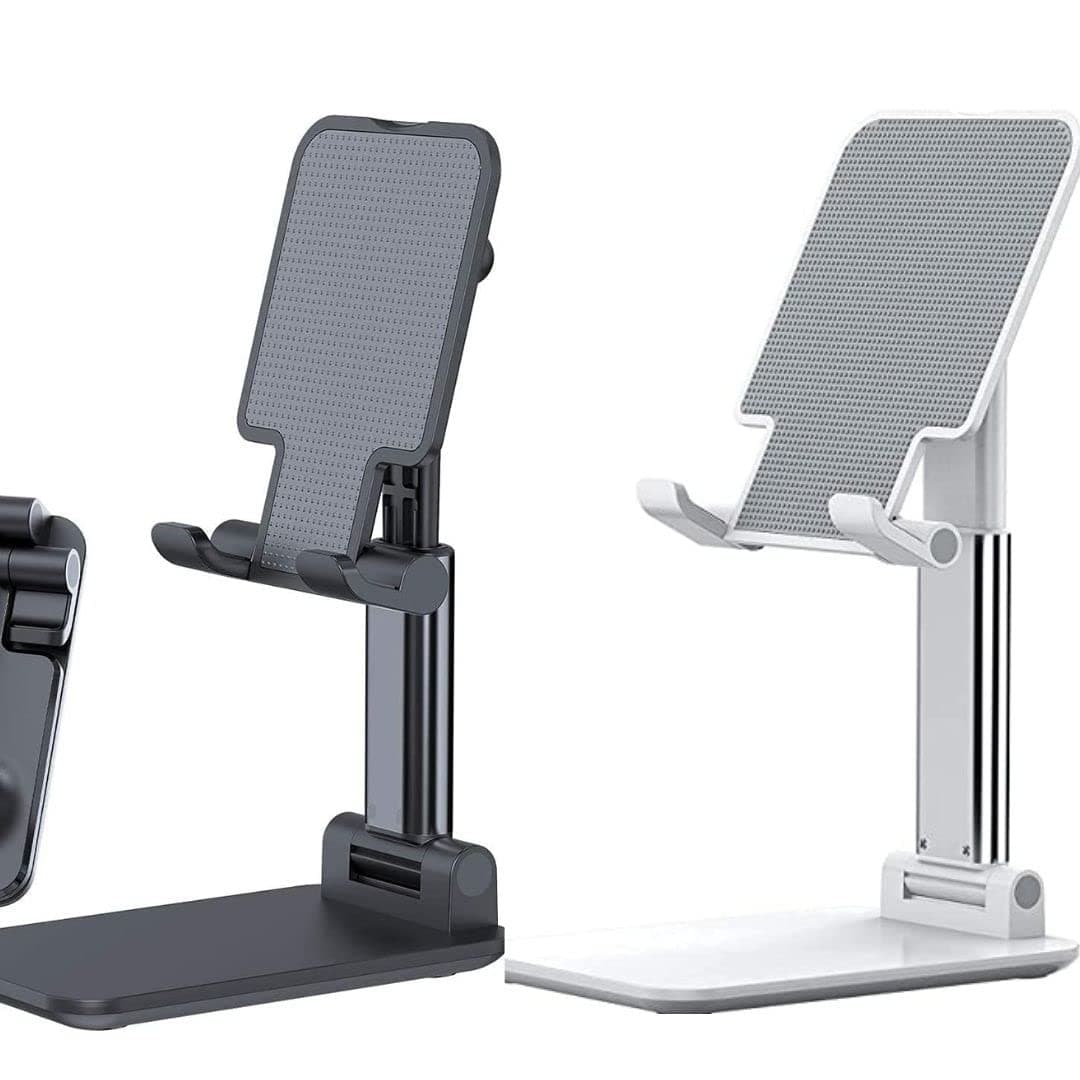 YOMNA Pack of 2 Adjustable Cellphone Stand, Foldable Mobile Phone Holder For Desk And Bed Usage, Compatible With All Android Smartphone, iPhone(Black/White)