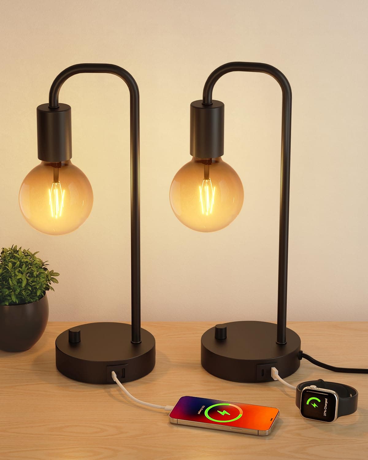 ONEWISH Industrial Table Lamp Set of 2 with USB C&A Charging Port, Stepless Dimmable Nightstand Bedside Lamps for Bedroom,Desk Lamps with 2700K Black Gradient Bulb for Reading Living Room,Office