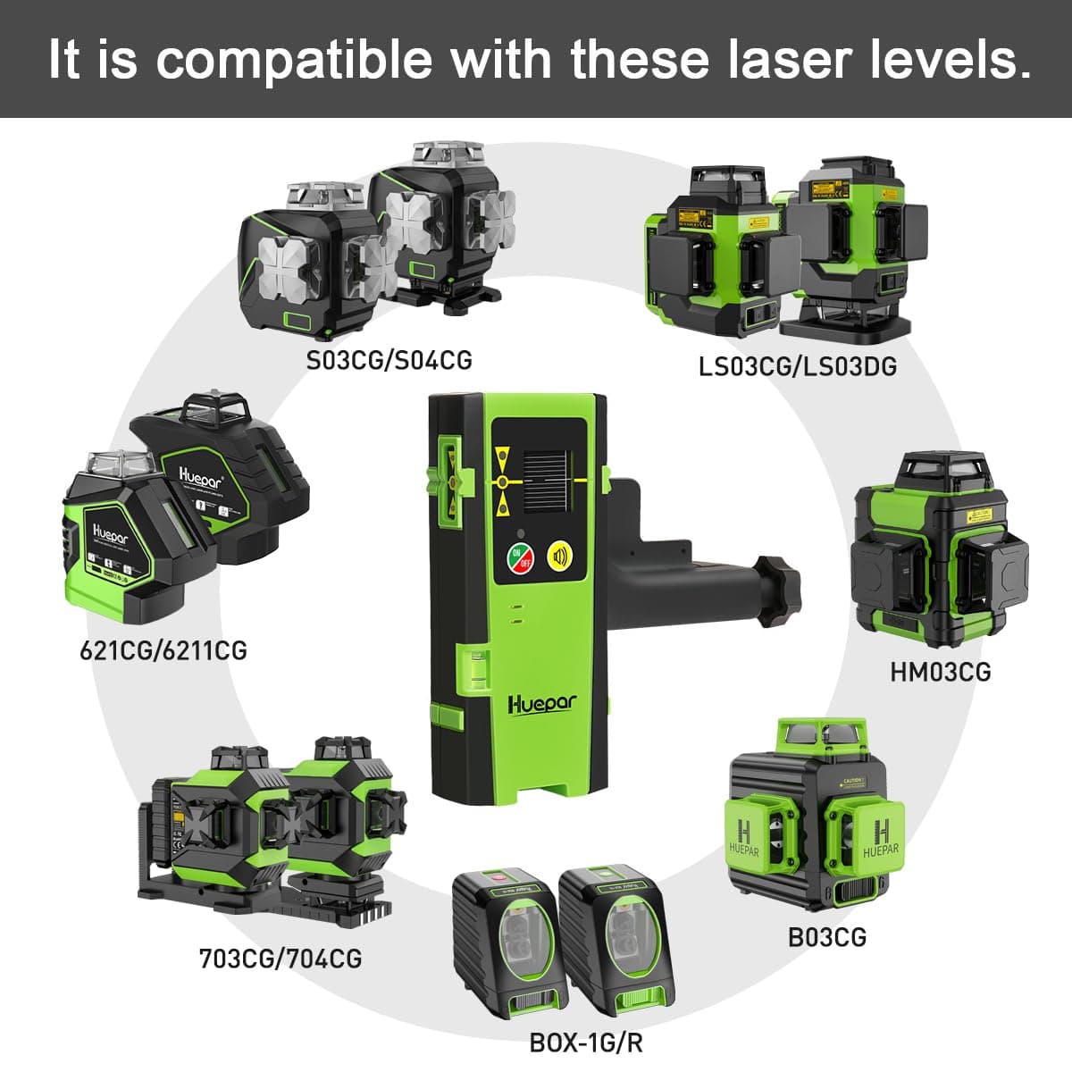 Laser Detector LR-6RG for Laser Level, Compatible with Huepar & Pro Laser Levels with Pulse Mode Only, Detect Green&Red Beams Laser Receiver, Up to 200Ft, Three-Side LED Display, Clamp Included