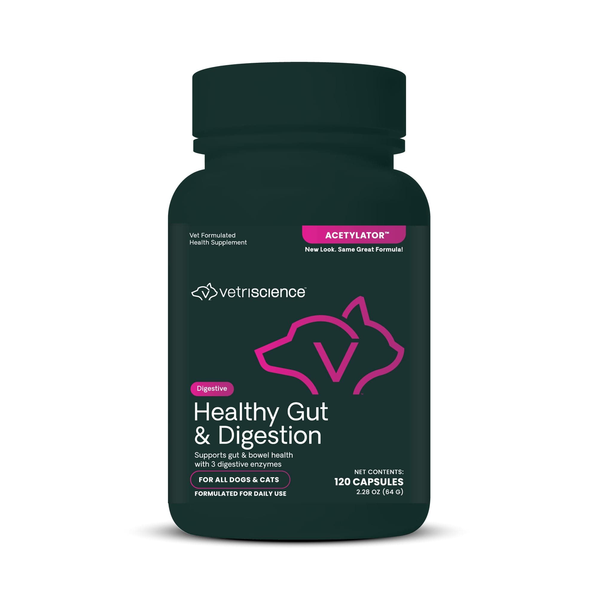 VetriScience Healthy Gut & Digestion Easy-Open Capsules, Acetylator Digestive Enzyme Supplement for Dogs and Cats, Soothe Gut and Bowel Discomfort, 120 Count