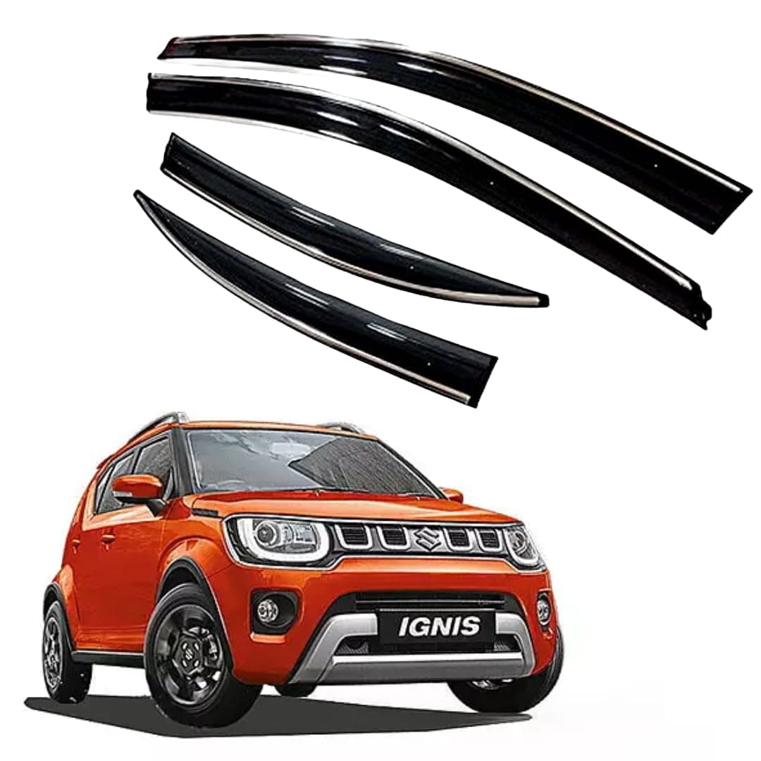 Premium Chromeline & Silverline Unbreakable Car Rear Window Wind Deflectors & Side Door Visor Rain Guard Compatible with (Maruti Suzuki Ignis (2016 Onwards))