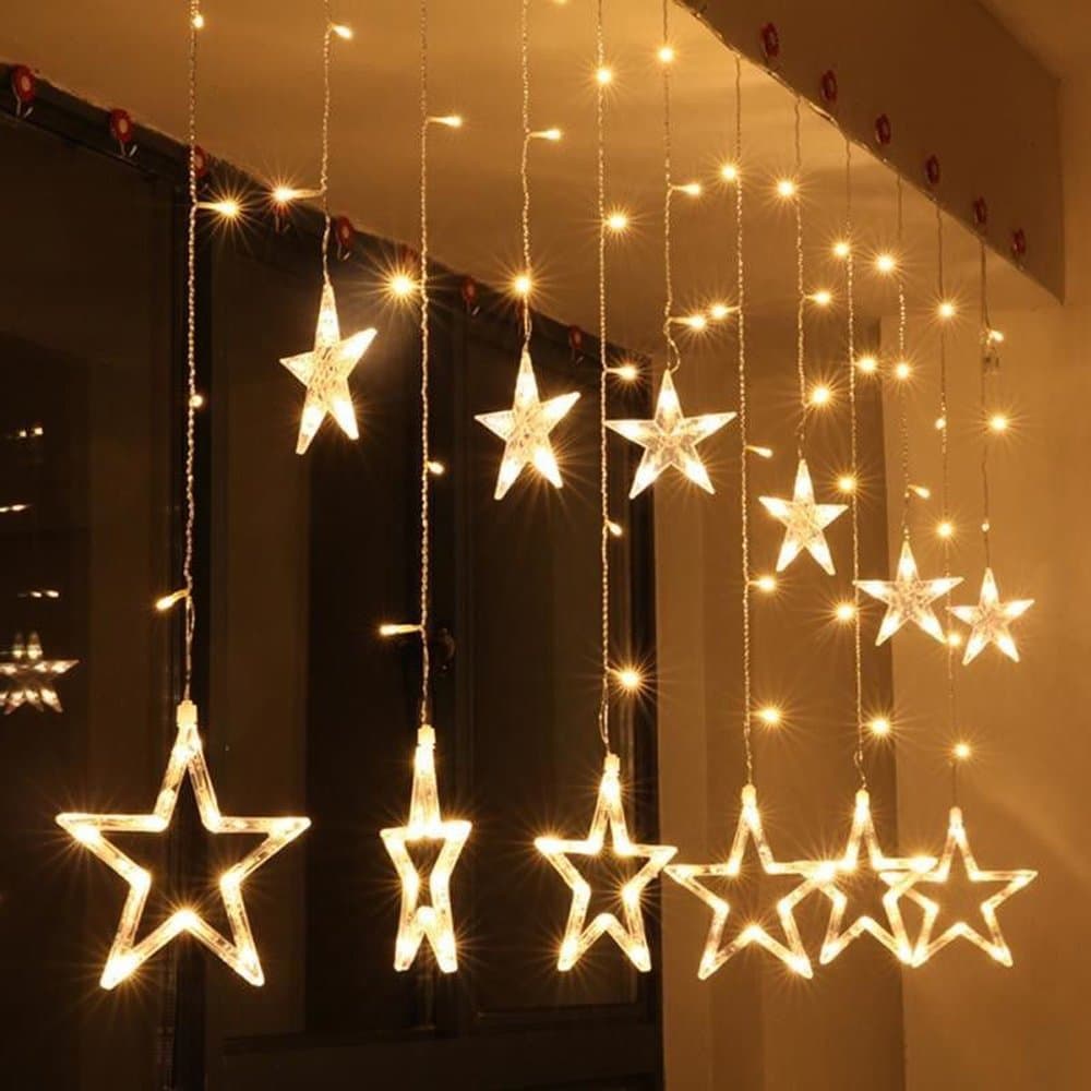 LED Curtain String Lights - TopYart Star Curtain Lights Battery Operated 2.5m Fairy String Lights With 12 Stars 138pcs Led,8 Modes Window Curtain Lights For Christmas/Wedding/Party/Garden Decorations