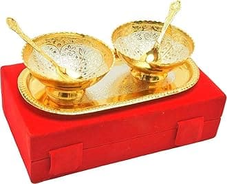 R Ayurveda Copper Metal Floral Round Bowl Set 5 Pieces Set in (Red Velvet Imitation Jewelry Box with Gift Ribbon) Pack of 1 Box, Tray Bowl Set Silver and Gold Plated for Return Gift, 100 ml
