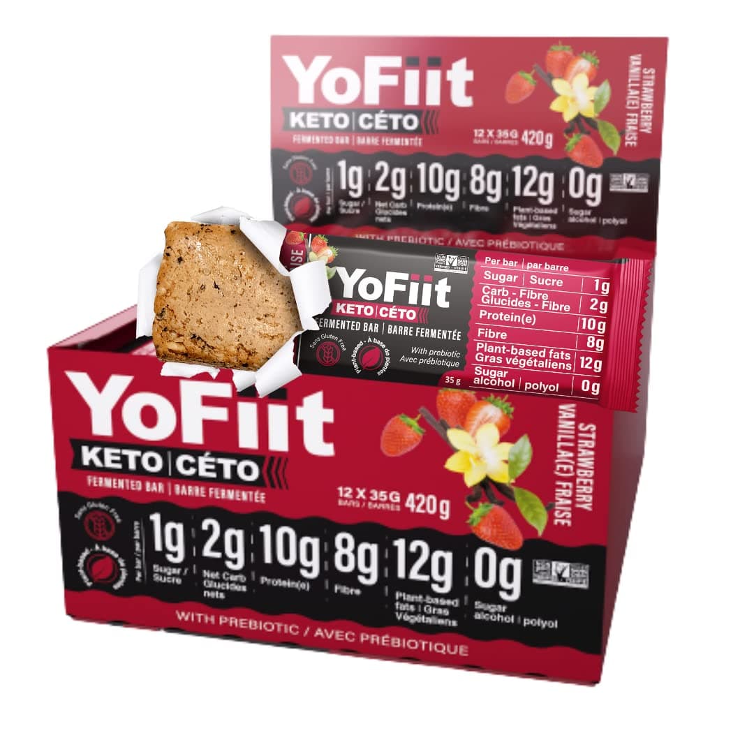 YoFiit Keto Bars For Low Carb Diet 2g Net Carbs Gluten & Dairy Free Snacks Made with Plant Based Protein | Strawberry Vanilla (12 pack)