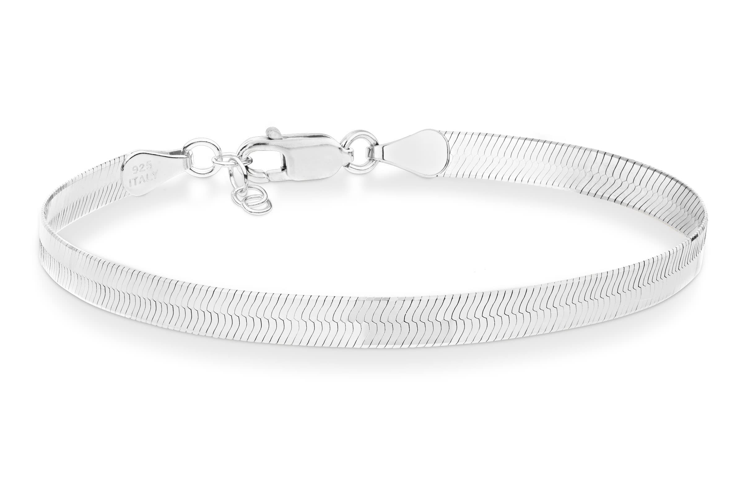 Italian Solid 925 Sterling Silver, 18K Gold Plated 4.5mm Flexible Flat Herringbone Link Chain Bracelet for Women, Made in Italy