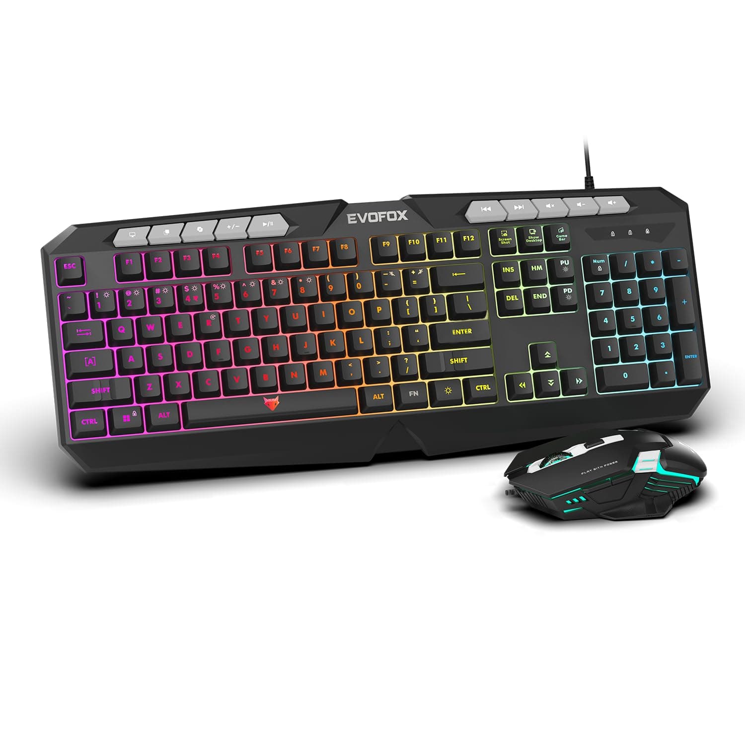 EvoFox Deathray V2 Gaming Keyboard and Mouse Combo | 6 Zone RGB Backlighting, 19 Anti Ghosting Keys, Membrane Keys, Ergonomic, Full-Size | 6 Buttons, 7 Color LED Lighting, Upto 3600DPI (Wired)