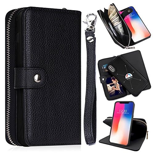 CASEOWL iPhone X Case,iPhone Xs Case Wallet with Magnetic Detachable Leather Case, Large Capacity Zipper Pocket Lanyard Wallet with Cards Holder,Shockproof Protective Case for iPhone X/XS -Black