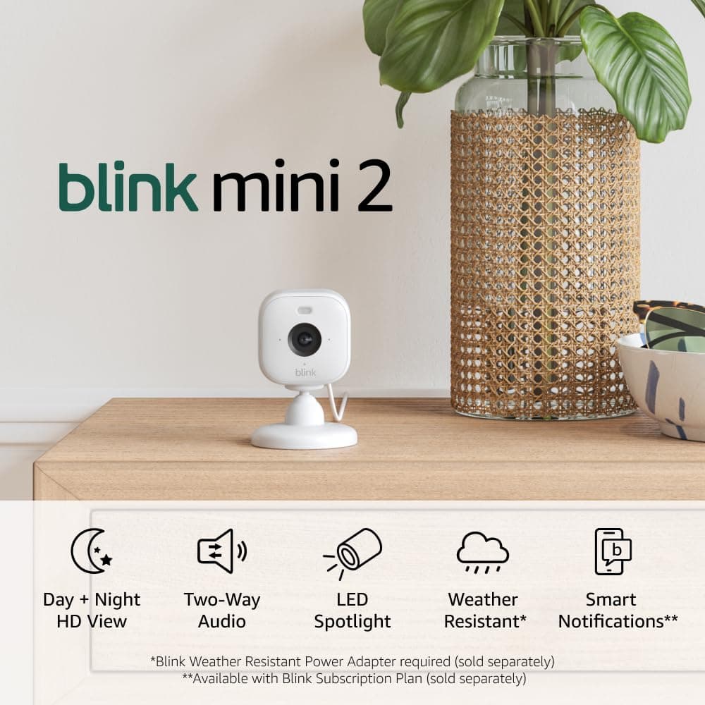 Blink Mini 2 — Home Security & Pet Camera with HD video, color night view, motion detection, two-way audio, and built-in spotlight — 1 camera (White)