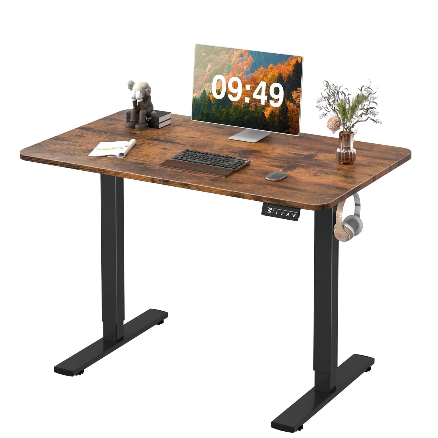 Furmax Electric Height Adjustable Standing Desk Large 40 x 24 Inches Sit Stand up Desk Home Office Computer Desk Memory Preset with T-Shaped Metal Bracke, Brown