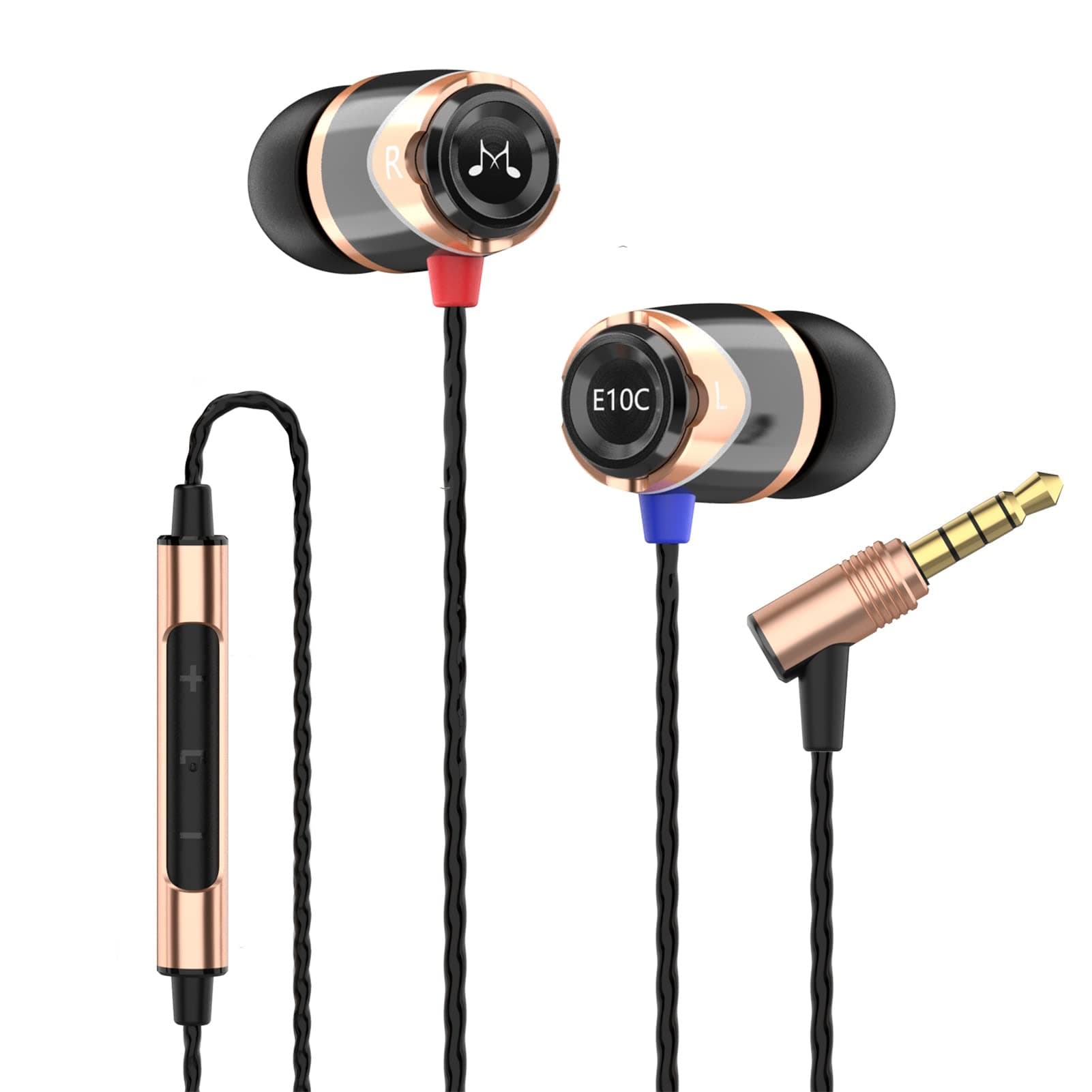 E10C In-Ear Isolating Earphones with Mic, High-Performance Sound, Deep Bass, Noise Isolation, Durable Metal Build, Compatible with iPhone, Android, PC,Tablet - Black/Gold