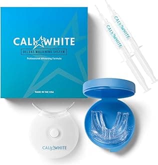 Teeth Whitening Strip Kit with LED Light and Batteries - Organic Peroxide Teeth Whitener Gel - Set of White Strips - 2x5ml Syringes, Thermoform Whitening Kit Trays and Case