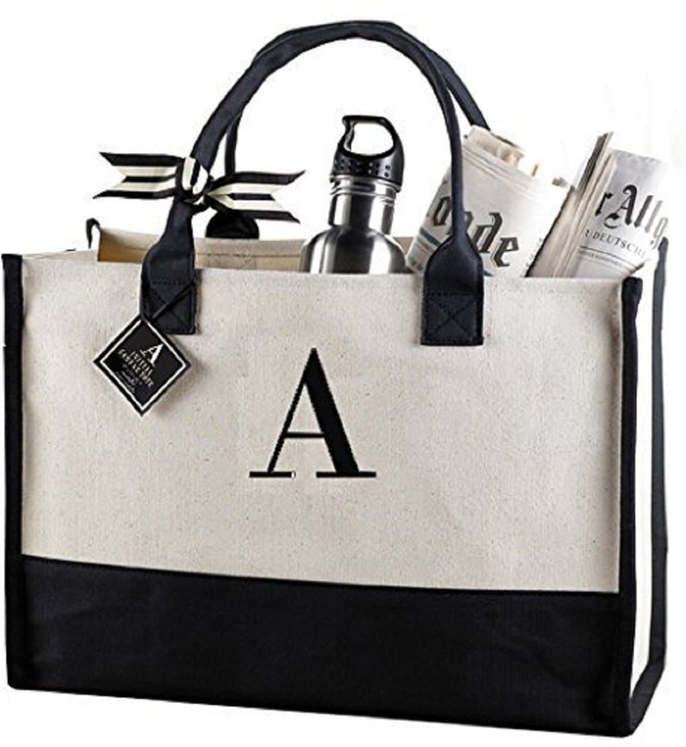 Classic Black and White Initial Canvas Tote Bags (A), 100% Cotton, 17" x 19" x 2"