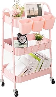 3-Tier Rolling Cart, Utility Cart Mobile Metal Rolling Storage Cart with Lockable Wheels & Hanging Cups & Hooks for Kitchen, Bathroom, Office, Workshop, Pink