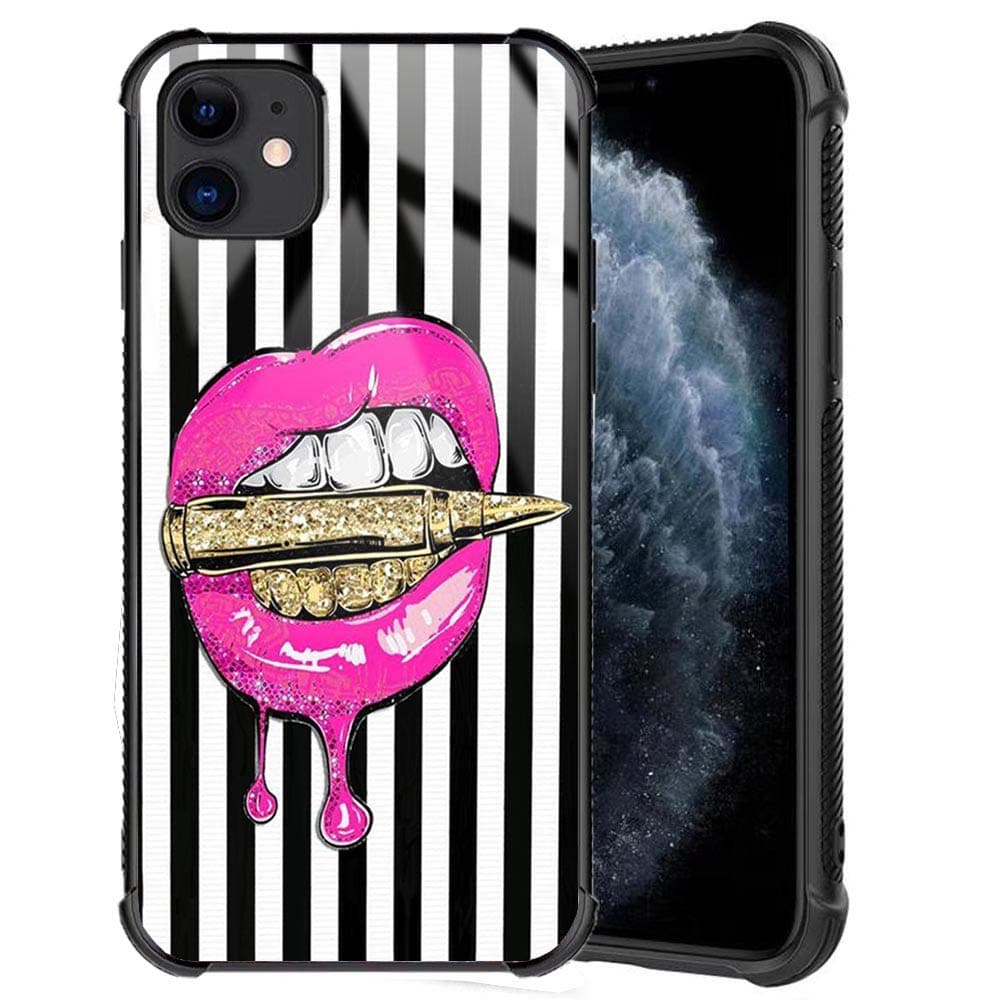 iPhone 11 Case, Pink Lips in Gold Bullet Luxury Elegant Design iPhone 11 Cases for Girl Women Slim Fit Tempered Glass Back Cover + Soft Silicone Shockproof Bumper Protective Case for iPhone 11 6.1inch