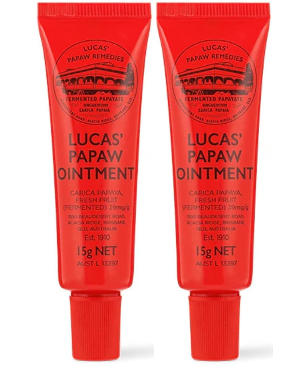 Lucas Papaw Ointment 15g Tubes with Lip Applicator — 2 Pack — Fermented Papaya Lip Balm for Dry, Chapped Lips, Pocket Size, Made in Australia