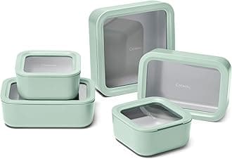 Caraway Glass Food Storage Set, 14 Pieces - Ceramic Coated Food Containers - Easy to Store, Non Toxic Lunch Box Containers with Glass Lids - Includes Storage Organizer & Dot & Dash Inserts - Mist