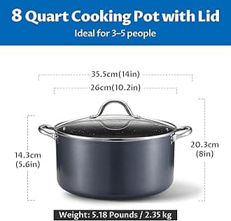 BEZIA 8 Quart Cooking Pot, Large Non Stick Induction Stock Pots with Lid, All Stove Compatible, 8 QT Aluminum Soup/Stew Pot For Families of 3–5, Grey