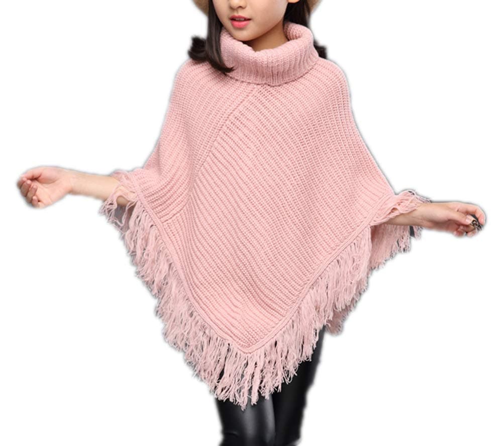 Sitmptol Girls Kids Fall Knitted Pullover Sweaters Poncho Tassel Turtleneck Cloak Cape
