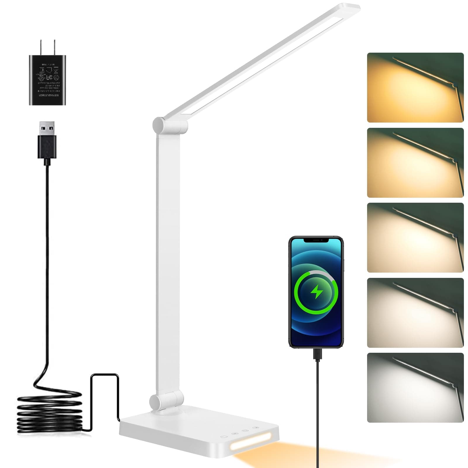 Dott Arts LED Desk Lamp with USB Ports, Touch Control, 5 Color Modes, 3 Brightness Levels, Foldable Design, White