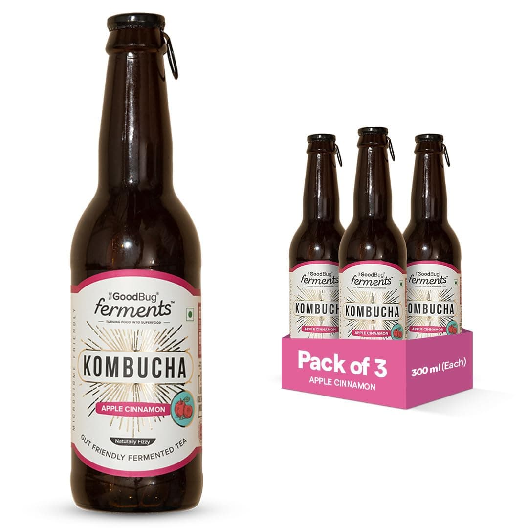 The Good Bug Kombucha | Apple Cinnamon | Fermented Tea | 1 Bn. CFU Live Cultures | Gut Friendly | Gluten free | Immunity Booster | Antioxidant and Hydration | Pack of 3 | 300 Ml