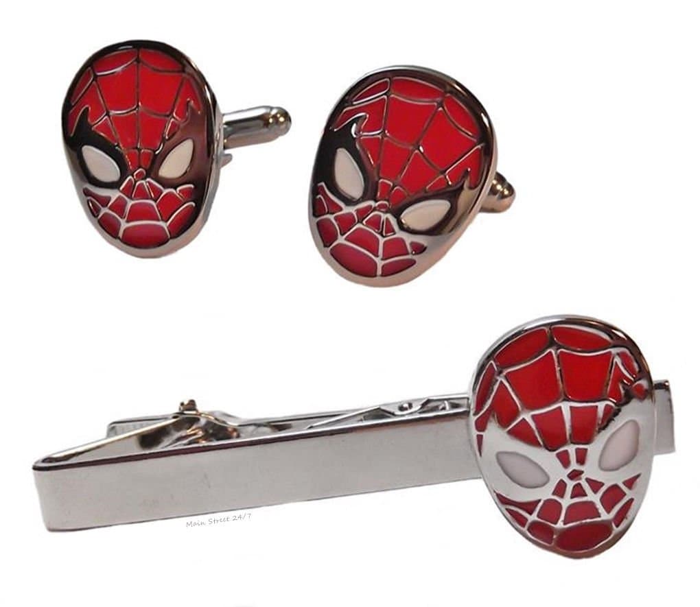 Marvel Comics Spiderman Face Silvertone/Enamel Cufflinks & TIE Clip Set
