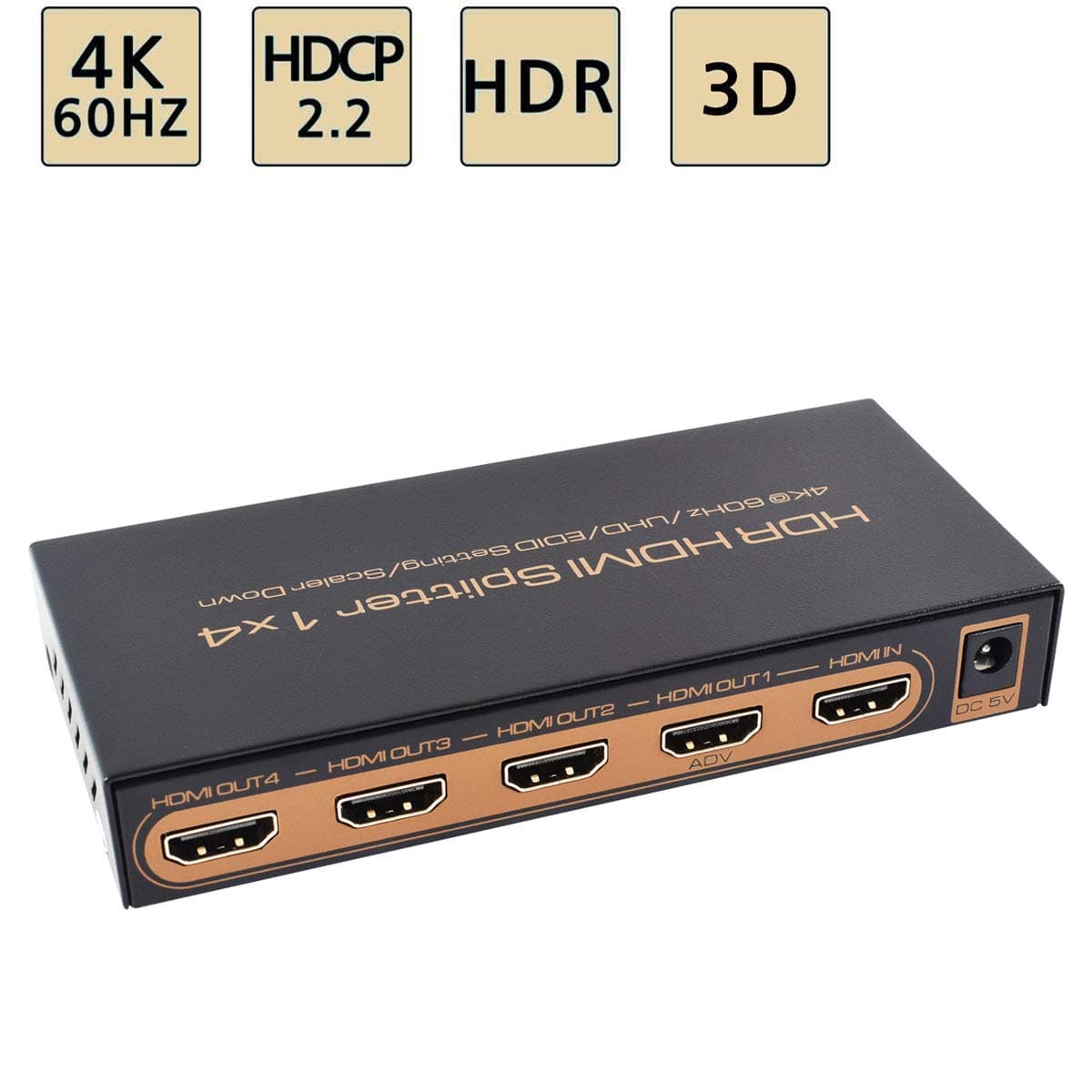 4k@60Hz HDMI Splitter 1x4 Awakelion 1 Input 4 Output HDMI Splitter Support HDR, HDCP 2.2,Full HD, 3D