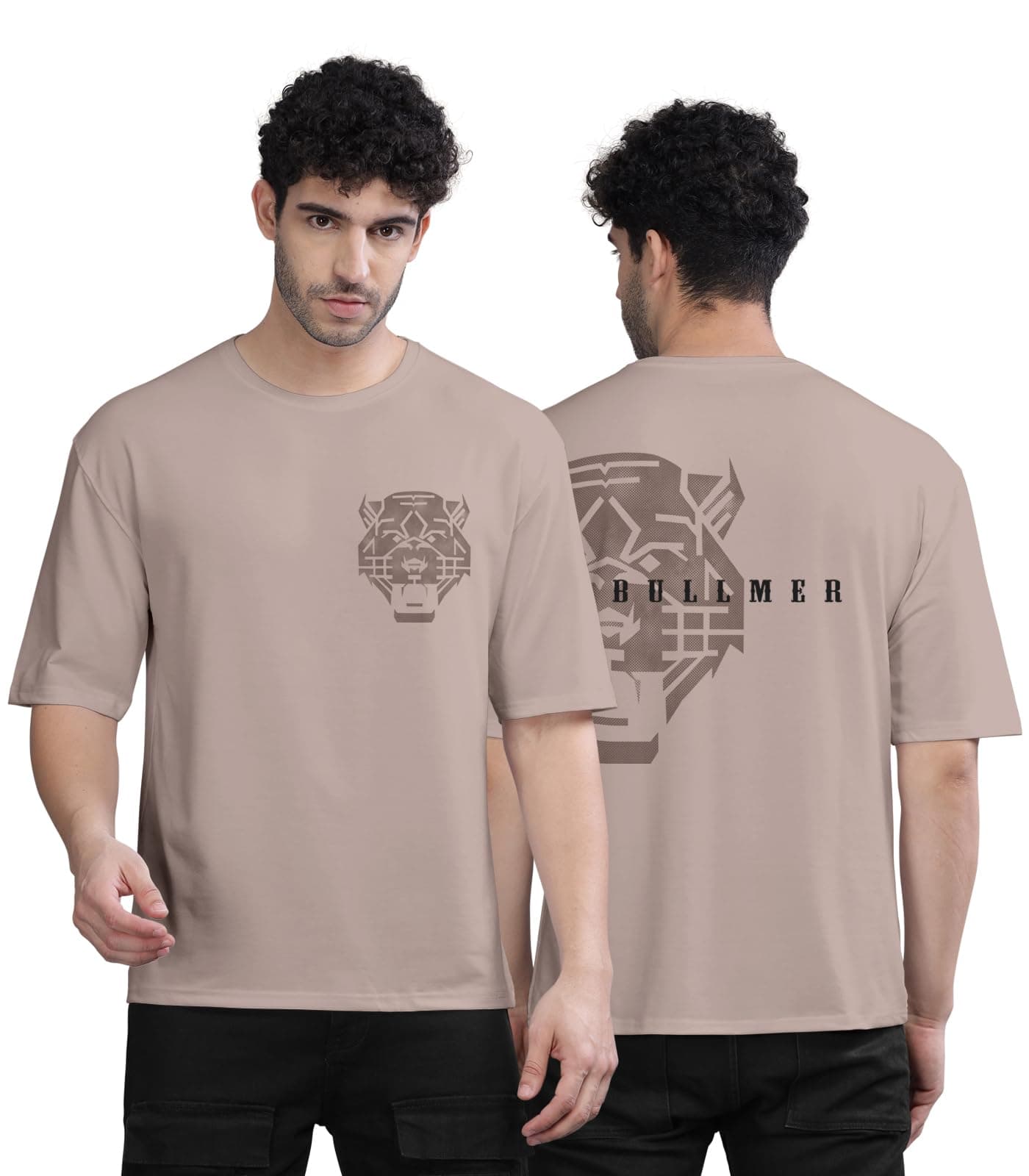 BULLMERBlack Trendy Front and Back Printed oversized Round Neck T-shirt for men