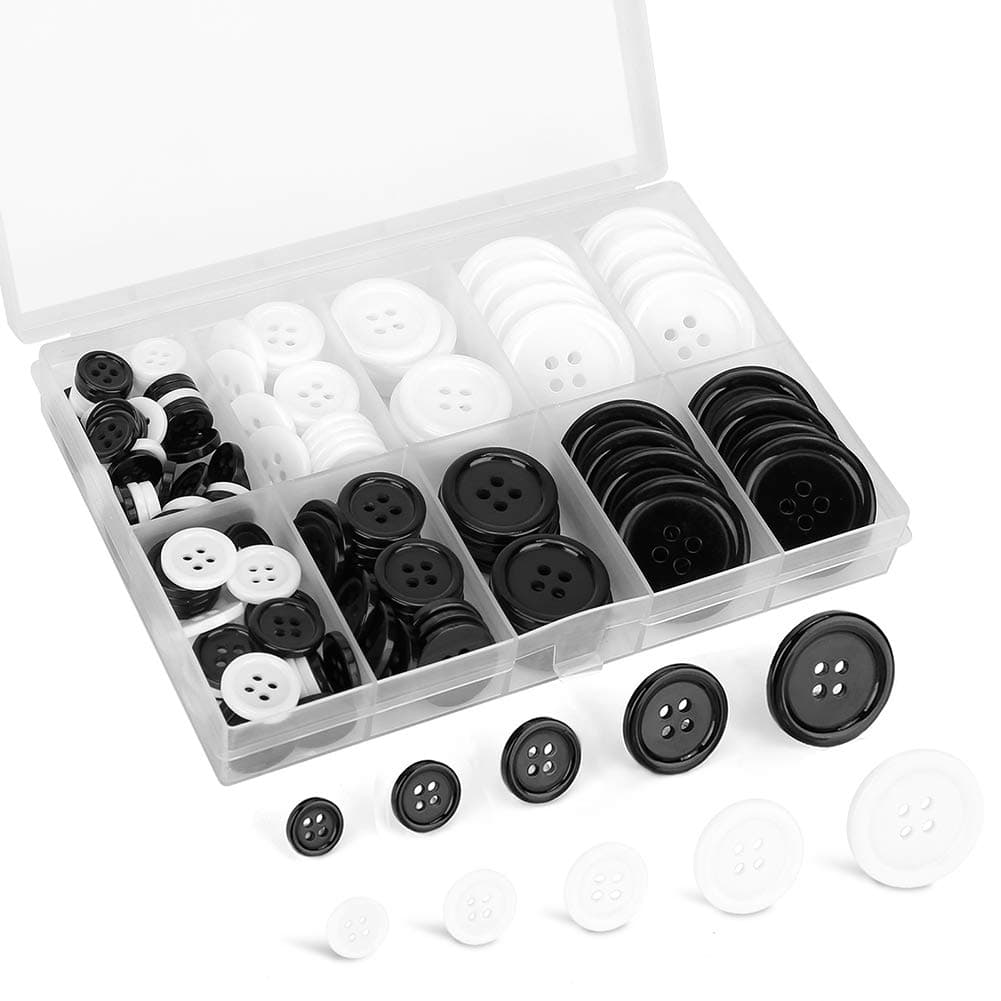 160 Pcs (Black and White) Craft Buttons, 5 Sizes of Round Mixed Sewing Buttons, 4-Hole Resin Button, Suitable for for Coats, Shirts, Suits, Pants, Shorts and DIY Craft Projects
