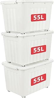 Cetomo 55L*3 Plastic Storage Box,White, Tote box, Organizing Container with Durable Lid and Secure Latching Buckles, Stackable and Nestable, 3Pack, with Buckle