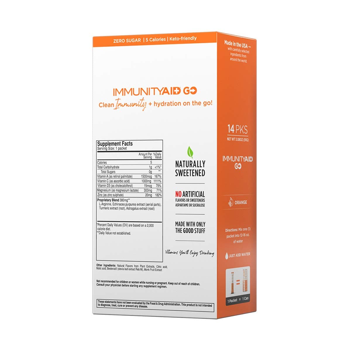 LIFEAID IMMUNITYAID GO! Zero Sugar Immunity + Hydration Packet, Vitamin C, Echinacea, Zinc, Astragalus Root, Keto-friendly, Vegan & Gluten-Free, 5 calories, Naturally Sweetened, No Caffeine, 14 Pack