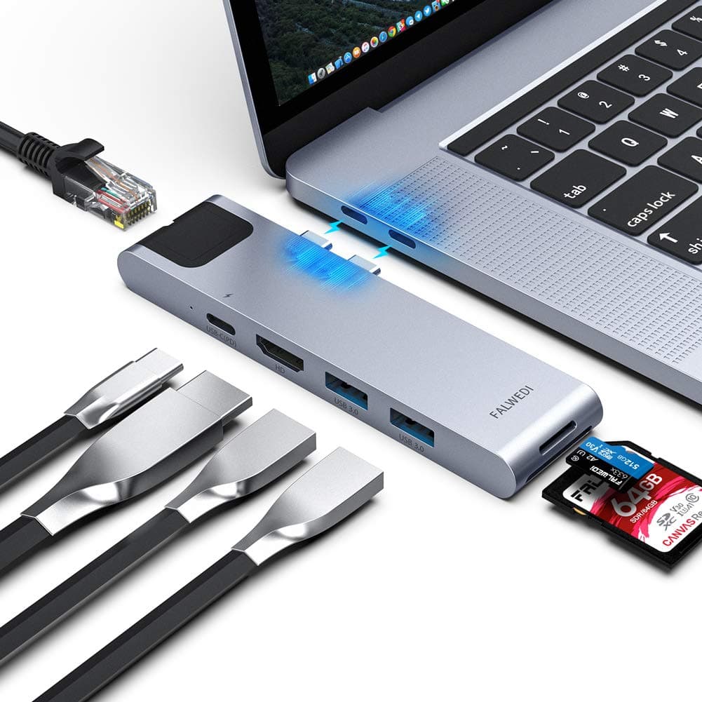 USB C Hub, MacBook Pro Adapter, Falwedi 7-in-2 USB-C Hub with Thunderbolt 3 5K@60Hz 100W PD, Ethernet Port, 4K@30Hz HDMI, 2xUSB 3.0 Ports, SD/TF Card Reader for MacBook Air 2018 and MacBook Pro