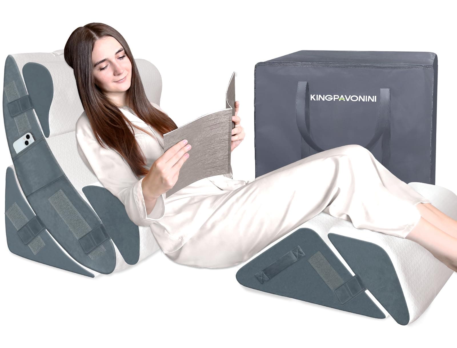 6PCS Orthopedic Bed Wedge Pillow for Sleeping, Gel Memory Foam Post Surgery Pillow Set for Back, Neck, Leg Support, Acid Reflux, Gerd, Anti Snoring, with Washable Cover & Travel Bag (White, 20'' Wide)