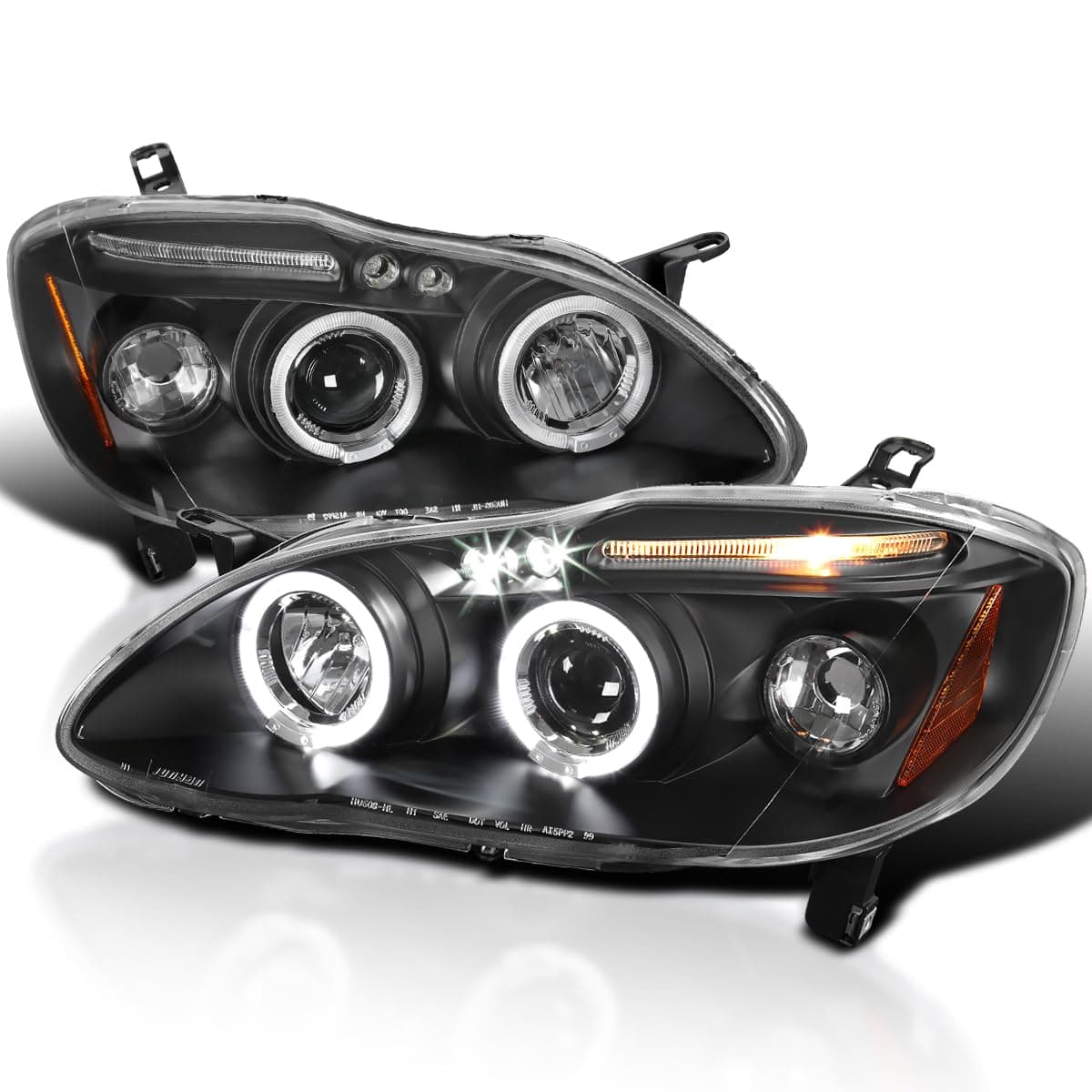 Dual Halo LED Black Projector Headlights Compatible with 2003-2008 Toyota Corolla, Left + Right Pair Headlamps Assembly