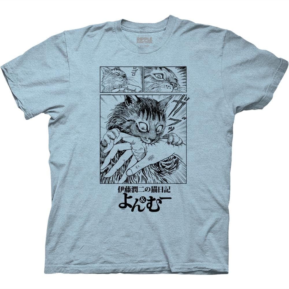 Ripple Junction Junji Ito's Cat Diary: Yon & Mu Mu Biting Adult Crew Neck T-Shirt Officially Licensed