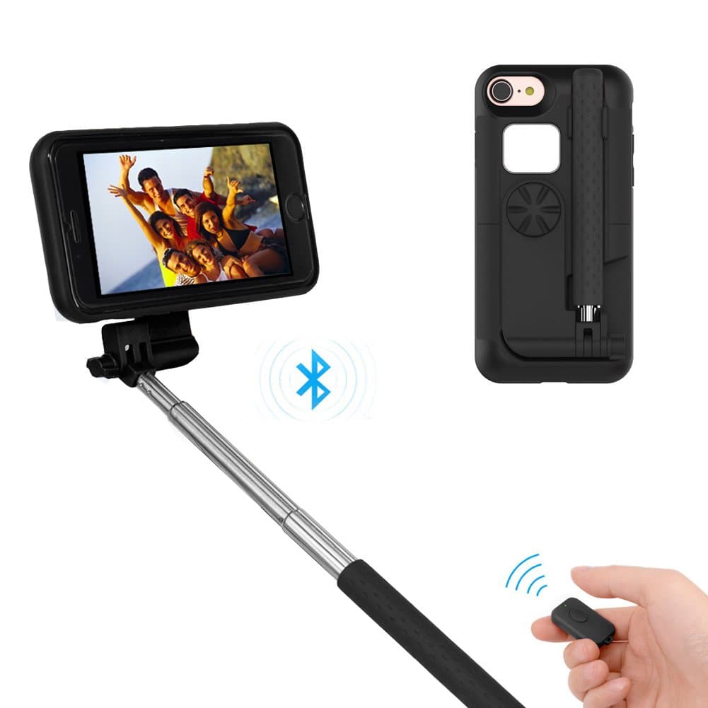 Selfie Stick with iPhone 7 Case, GTIMES 3 in 1 Bluetooth Selfie Stick & Phone Holder & Case for iPhone 6, iPhone 6s, iPhone 7 (Black)
