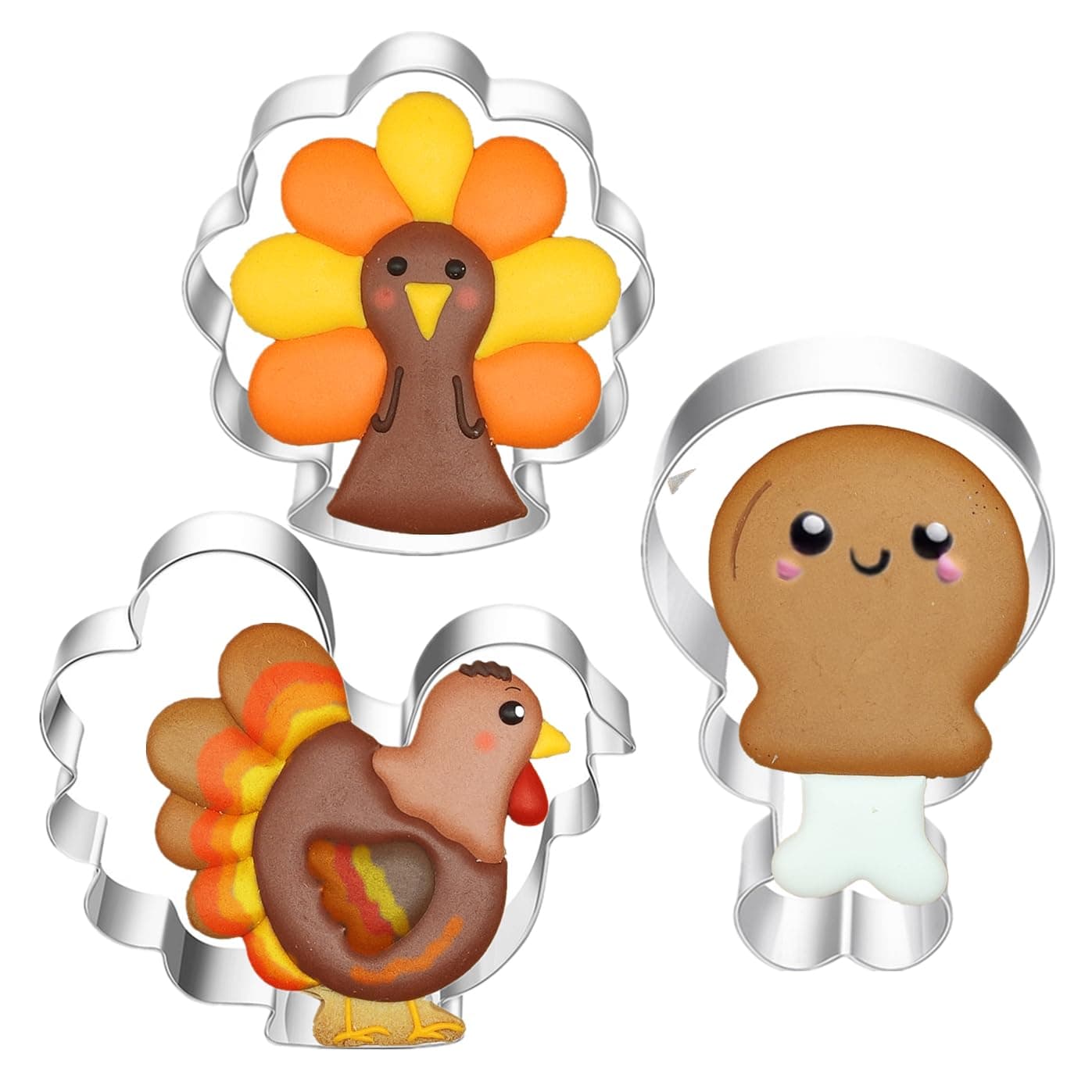 3 Pieces Large Thanksgiving Feast Turkey Cookie Cutters Set, 3.4" to 4"Turkeys, Chicken Leg with Recipe Instructions,Stainless Steel Molds