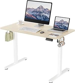 ERGOMAKER Electric Standing Desk Height Adjustable Desk 110x60cm (43.3"x23.6"), Sit Stand Desk with Splicing Top for Home Office (White Frame + Gold Oak Desktop)