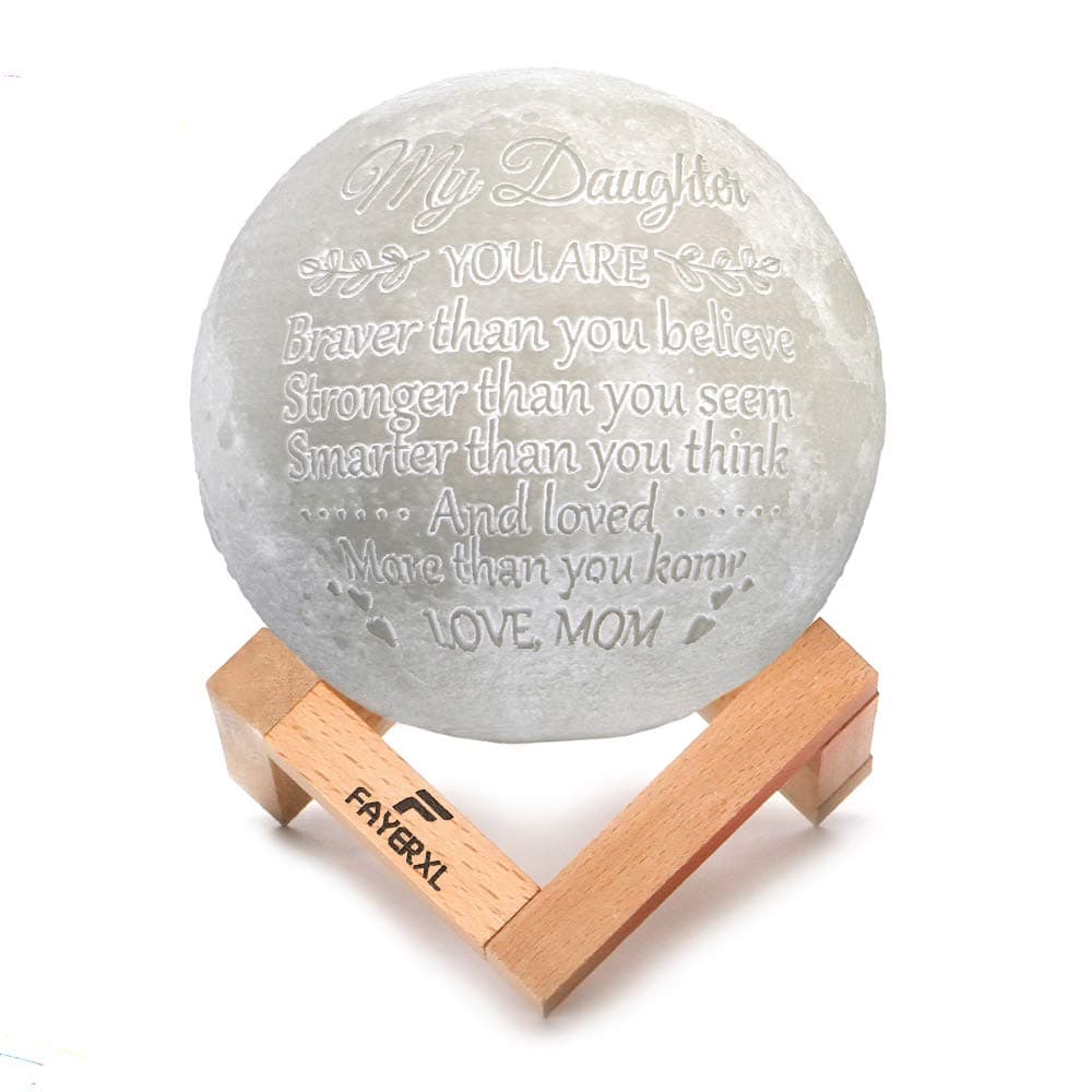 Engraved 3D Printing Moon Lamp Dimmable Rechargeable Lunar Night Light You are Braver to My Daughter Son Gift from Dad Mom (My Daughter-Love Mom)