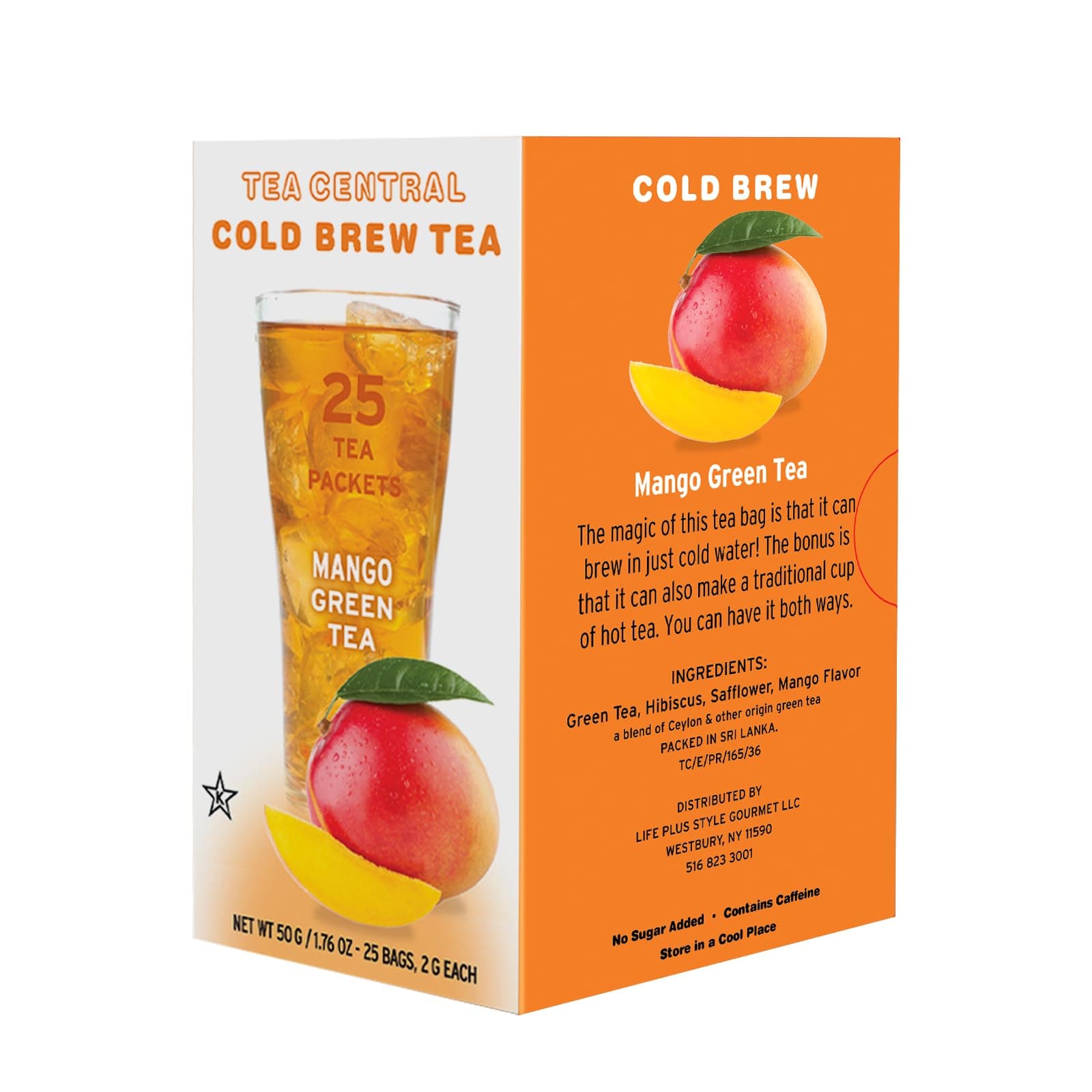 Life Plus Style Gourmet TEA CENTRAL Mango Green Tea Naturally Refreshing Cold Brew Tea Bags Ceylon Iced Green Tea Everyday Wellness Sweet Mango Fruit Tea 25 Tea Bags