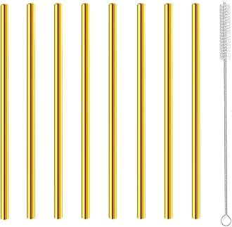 Short Cocktail Straws, Metal Stainless Steel Reusable Small Mini Coffee Stir Drinking Straw for Party Accessories Mason Jar Tumbler Juice Box Tea Coffee Mocktails Mojito Drinks with Brush, Gold 8Pcs