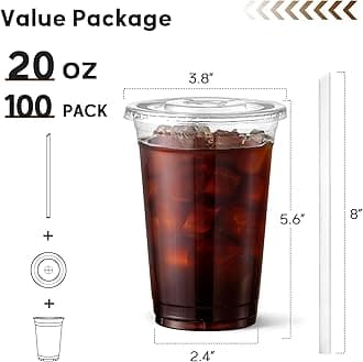 AOZITA 100 Pack 20 oz Disposable Plastic Cups with Lids and Straws, Clear Iced Coffee Cups for Cold Beverages, Smoothies, Iced Coffee, Leak-Proof, BPA-Free