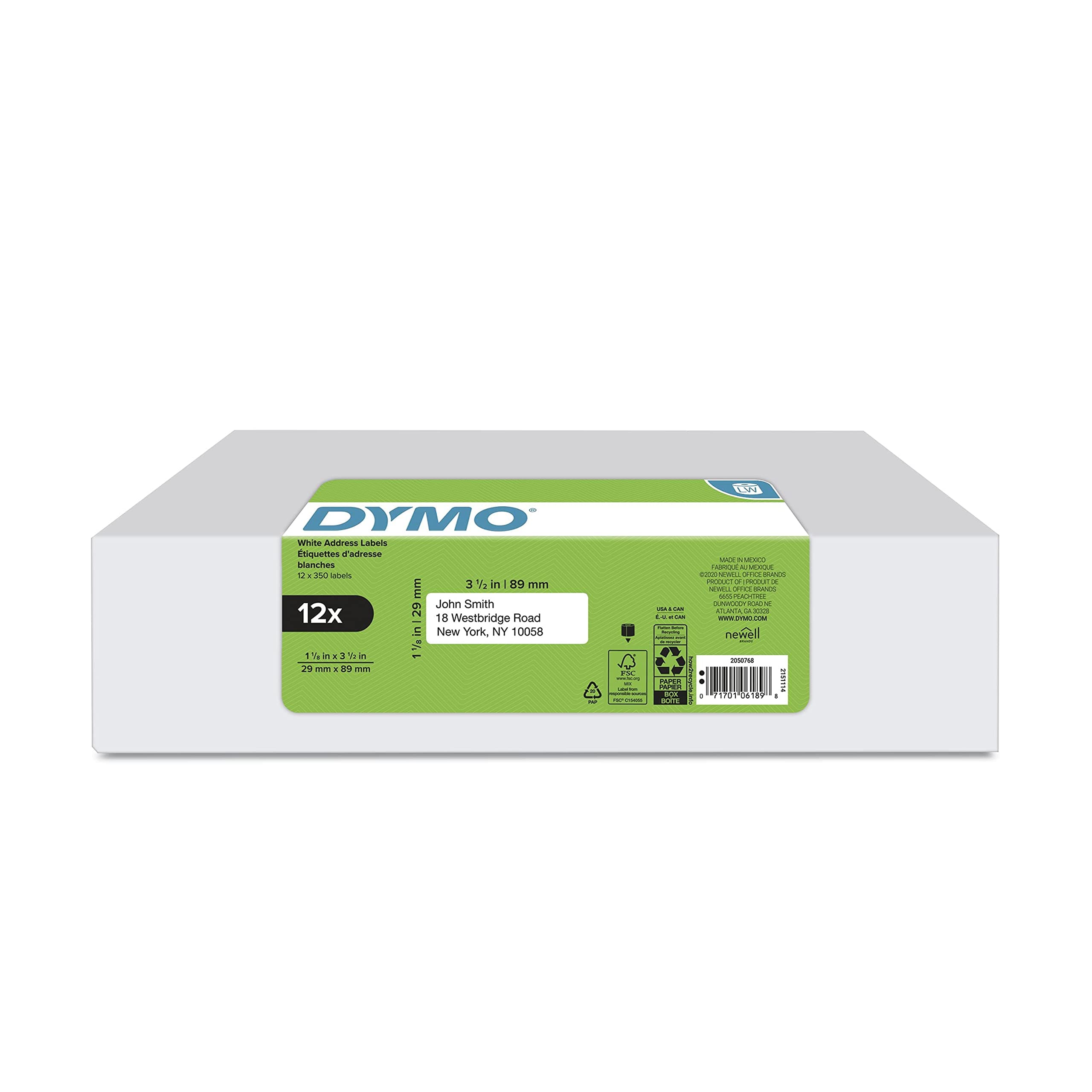 DYMO Authentic LW Mailing Address Labels for LabelWriter Label Printers, White, 1-1/8" x 3-1/2", 12 Rolls of 350 (4200 Total)