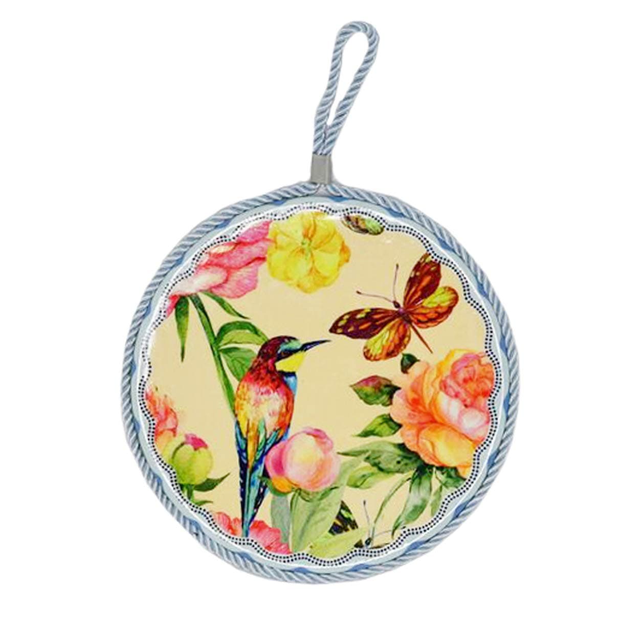 Home-X Decorative Ceramic Trivet with Hanging Loop | Monarch Butterfly, Bird and Garden Flower Design | Wall Decor and Hot Plate Table Protector