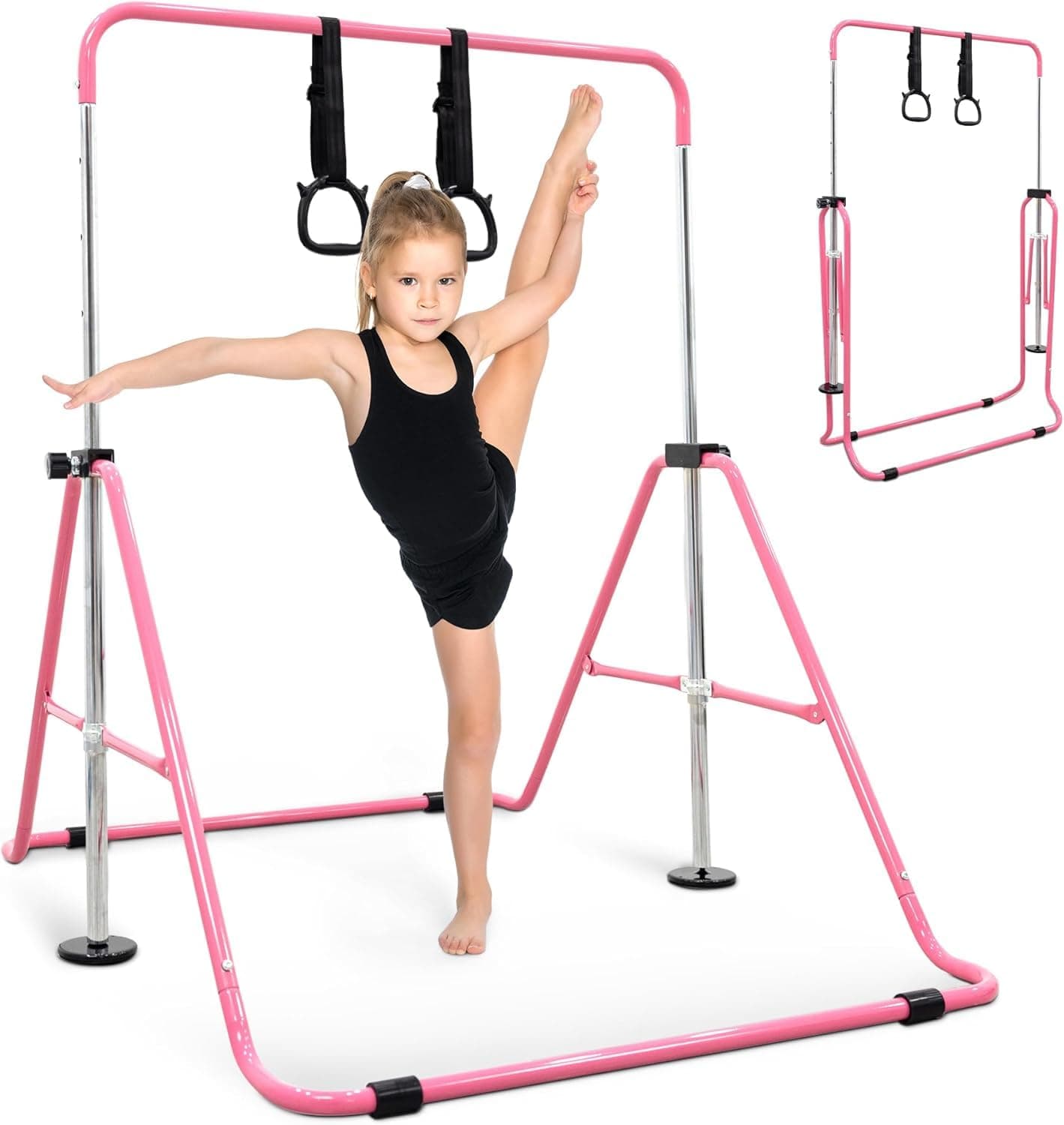 KAYMAN Gymnastics Horizontal Bar for Kids with Rings & Hand Protection Wrap – Adjustable Height 89/99/109/119/129cm, Heavy-Duty Steel Gym Equipment for Home Gymnastics, Strength & Flexibility Training